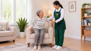 Elderly Woman Exercising with Caregiver Support